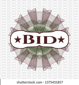 Green and Red passport rosette with text Bid inside