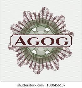 Green and Red passport rosette with text Agog inside