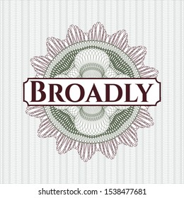 Green and Red passport rosette with text Broadly inside