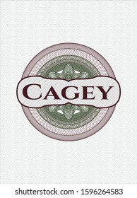 Green and Red passport rosette with text Cagey inside
