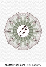 Green and Red passport style rosette with paper clip icon inside