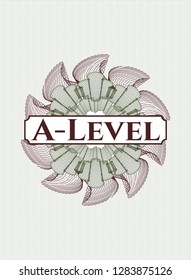 Green and Red passport style rosette with text A-Level inside