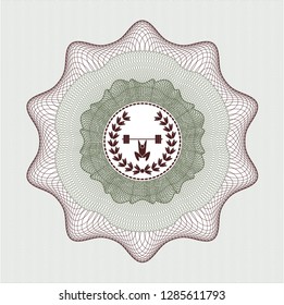Green and Red passport style rosette with weightlifting inside of crown icon inside