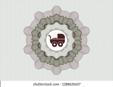 Green and Red passport style rosette with baby cart icon inside