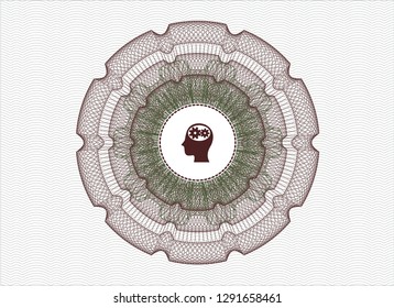 Green and Red passport style rosette with head with gears inside icon inside