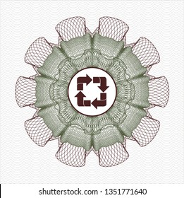 Green and Red passport style rosette with recycle icon inside
