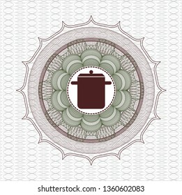 Green and Red passport style rosette with cooking pot icon inside