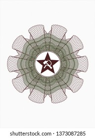 Green and Red passport style rosette with communism icon inside
