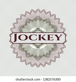 Green and Red passport style rosette with text Jockey inside