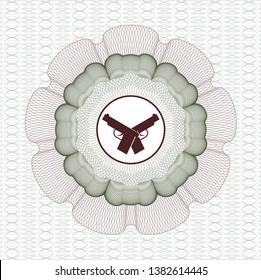 Green and Red passport style rosette with crossed pistols icon inside
