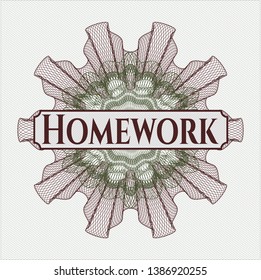 Green and Red passport style rosette with text Homework inside