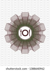 Green and Red passport style rosette with restaurant icon inside