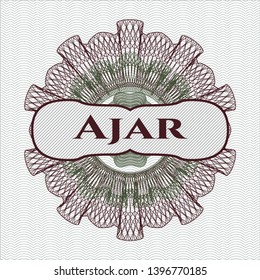 Green and Red passport style rosette with text Ajar inside