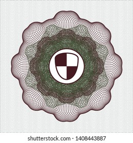 Green and Red passport style rosette with shield, safety icon inside