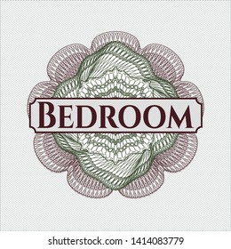 Green and Red passport style rosette with text Bedroom inside