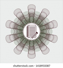 Green and Red passport style rosette with notebook with pencil icon inside