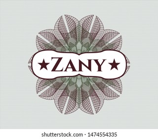 Green and Red passport style rosette with text Zany inside