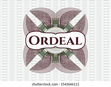 Green and Red passport style rosette with text Ordeal inside