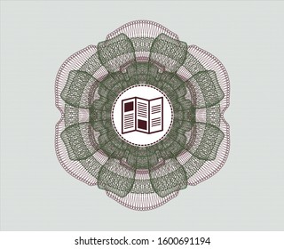 Green and Red passport style rosette with brochure icon inside