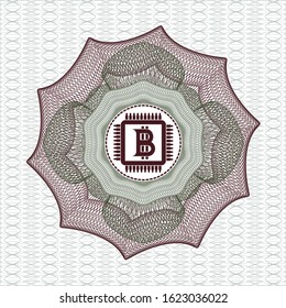 Green and Red passport style rosette with bitcoin chip (cryptocurrency mining concept) icon inside