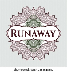 Green and Red passport style rosette with text Runaway inside