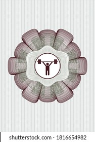 Green and Red passport style rosette. with weightlifting icon inside
