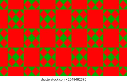 Green, red pattern, square block and diamond checkerboard repeat pattern, replete image, design for fabric printing, rectangle, patchwork quilt style