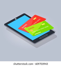 Green and red payment card lying on mobilephone or tablet graphic web design isolated on gray. Cash on plastic carrier. Vector illustration of e-commerce cartoon style realistic material figure.