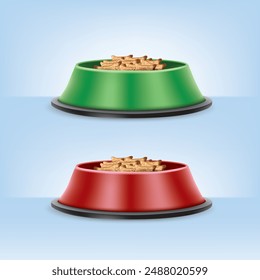 Green and red pet food bowls. Vector Flat Illustration