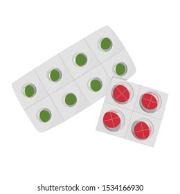 Green and red pill in blister pack. Simple vector illustration.