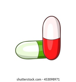 Green and red pills icon in cartoon style on a white background