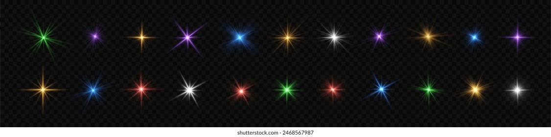 Green, red, pink and blue stars burst with light, white sun rays.	