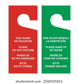 Green and red please make up my room and do not disturb door hanger tags on a white background