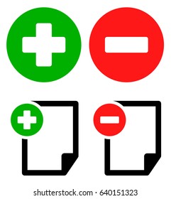 Green, red plus, minus sign over circles.