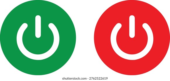 Green and Red Power Button Icons for OnOff Control, Flat Vector Design of Start Stop Switches for User Interface, Web, and Technology Concepts.