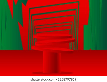 Green and Red product display. Abstract Mockup vector 3D room. Futuristic cylinder pedestal podium. Sci-fi minimal stage showcase for presentation. Geometric forms, empty scene.