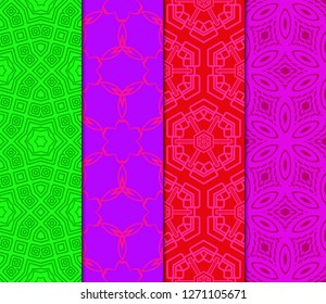 Green, red, purple color set of geometric seamless ornament. Vector illustration.