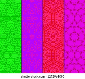 Green, red, purple color set of geometric seamless ornament. Vector illustration.