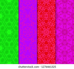 Green, red, purple color set of geometric seamless ornament. Vector illustration.
