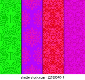 Green, red, purple color set of geometric seamless ornament. Vector illustration.