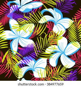 Green, red, purple tropical palm trees and blue flowers on black. Abstract background seamless pattern.