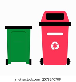 Green And Red Recycling Bins In Flat Vector Illustration Symbolizing Waste Management, Recycling, And Sustainable Environmental Practices, Isolated On White Background