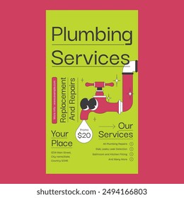 Green Red Retro Cartoon Plumbing Services Social Media Story