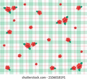 Flor rosa roja verde Gingham Patrones De Fondo Editable Stroke. Tablero de ilustración vectorial, papel de envolvimiento de alfombras picnicas.	