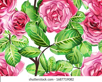 Green and Red Rose Seamless Pattern. Girly Hawaiian Peony Background.  Summer Peonies Leaves and Buds Sleepwear Texture.  Botanic Rose Flower Swimwear Print. Hand Drawn Continuous Floral Design.
