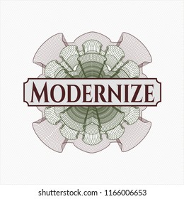 Green and Red rosette. Linear Illustration with text Modernize inside