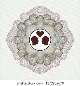Green and Red rosette. Linear Illustration with couple in love icon inside