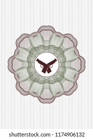 Green and Red rosette. Linear Illustration with crossed pistols icon inside