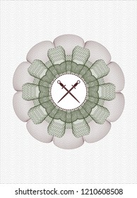Green and Red rosette. Linear Illustration with crossed swords icon inside