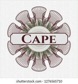 Green and Red rosette. Linear Illustration with text Cape inside